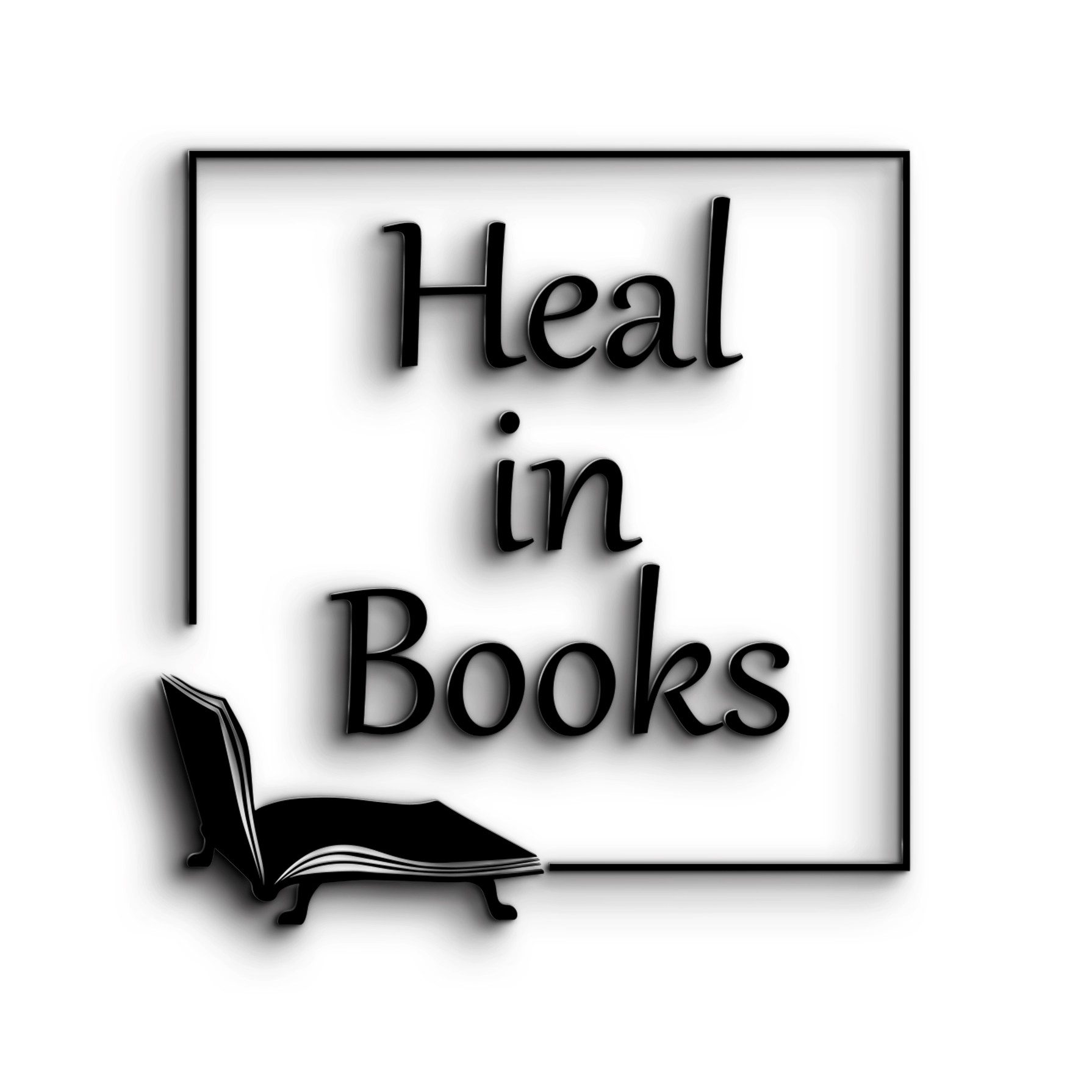 Στην εικόνα αναγράφεται η επωνυμία Heal in Books μέσα σε ένα ανοιχτό τετράγωνο. Απεικονίζεται ένα θεραπευτικό ντιβάνι φτιαγμένο από ένα ανοιχτό βιβλίο.